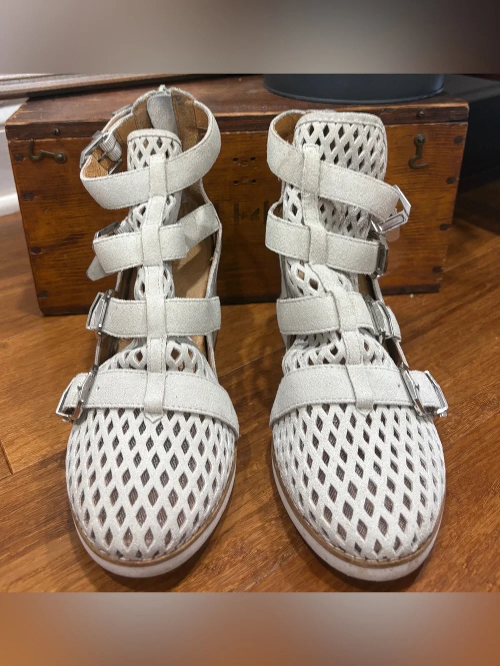 Ibiza Jeffrey Campbell Wedges Stone Color Cutout Mesh Buckled Straps Suede 7